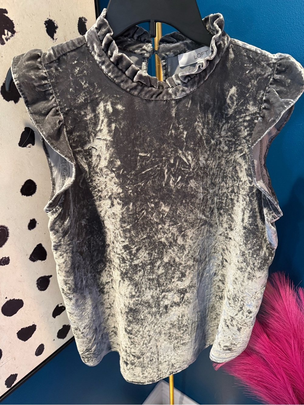 LOFT Silver Crushed Velvet Ruffle Cap-Sleeve Top